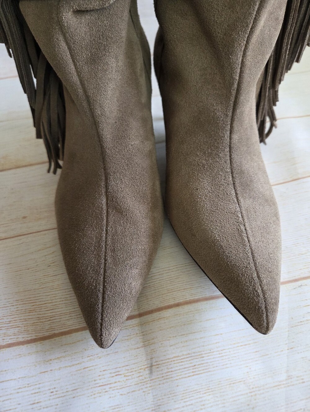 Zara Suede Fringe Ruched Pointy Toe Kitten Heel Boots Boho Brown Tan Size 38 - Picture 10 of 16